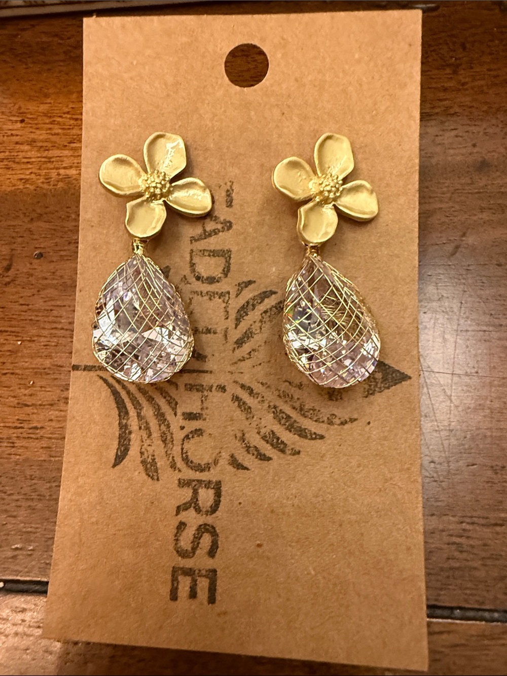 Clear white Gold Floral Drop Earrings with Iridescent Crystal Teardrops